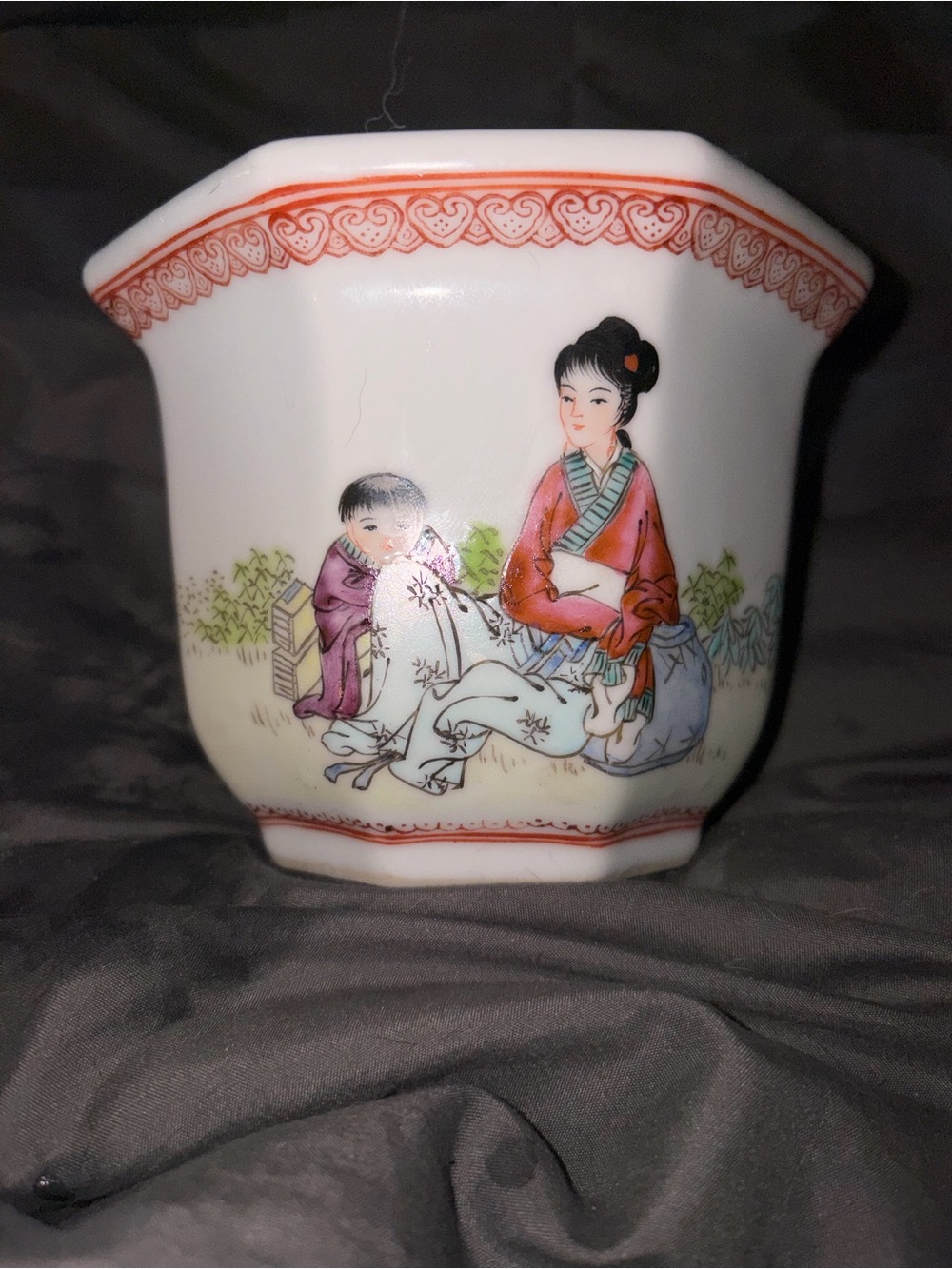 Hand-Painted Porcelain Planter with Asian Figurine Motif - White & Red Accents